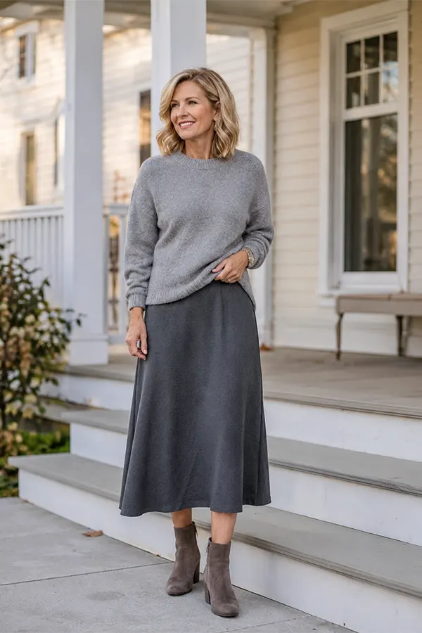 Gray Sweater And Midi Skirt For Easy Autumn Style