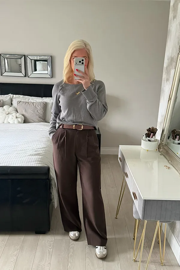 Gray Sweater With Brown Wide Leg Trousers