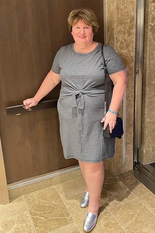Gray Tie Waist Dress With Comfortable Flats