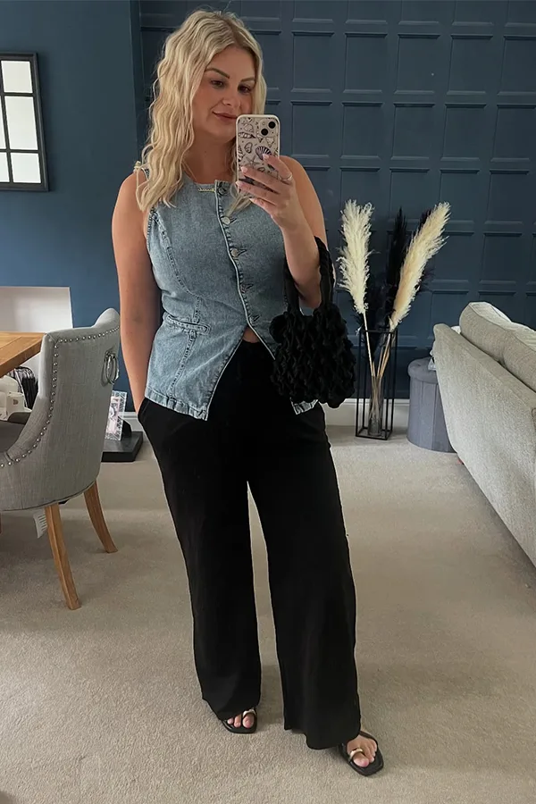 Gray Waistcoat With Black Wide Leg Trousers