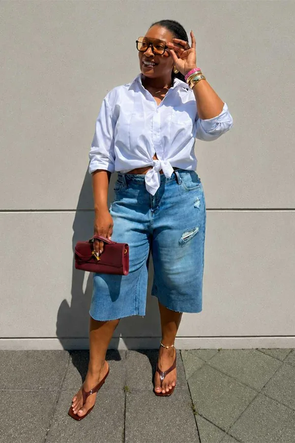 Knotted White Shirt With Denim Jorts And Flat Sandals