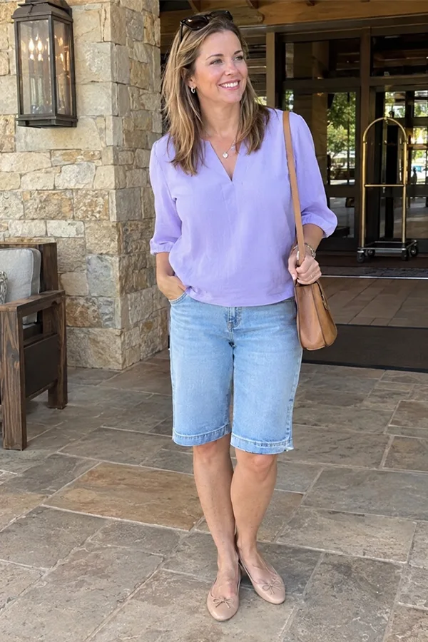 Lavender Polo Top With Light Wash Jorts