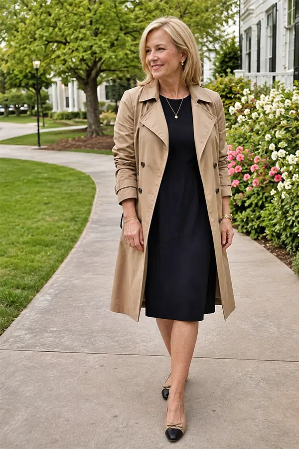 Layer A Black Dress Under A Lightweight Beige Coat