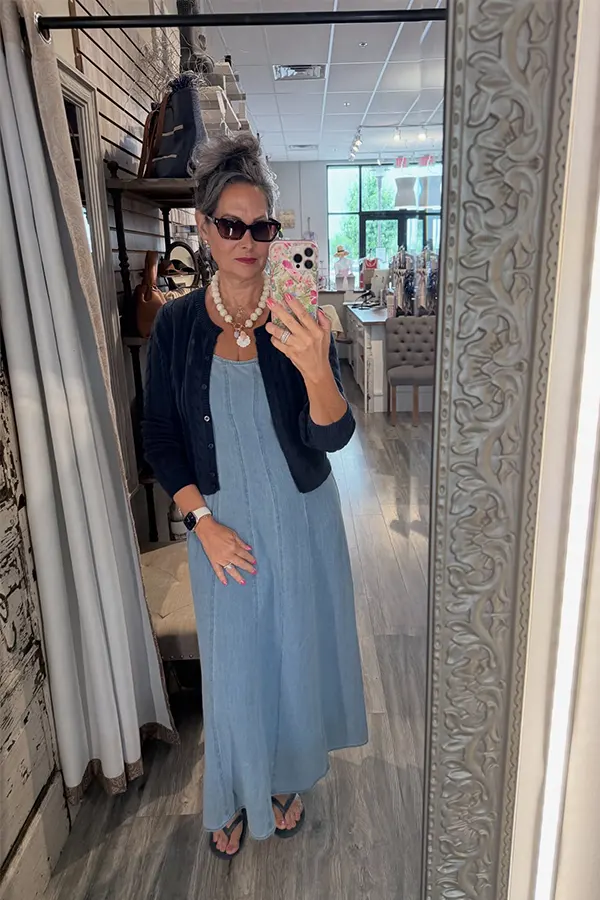 Layer A Navy Cardigan Over A Relaxed Blue Midi Dress