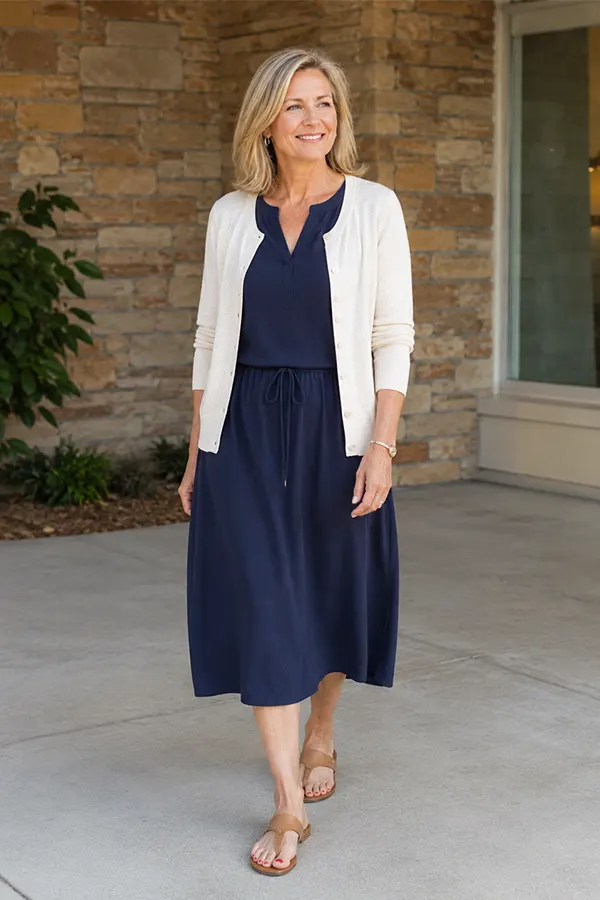 Layer A White Cardigan Over A Navy Midi Dress