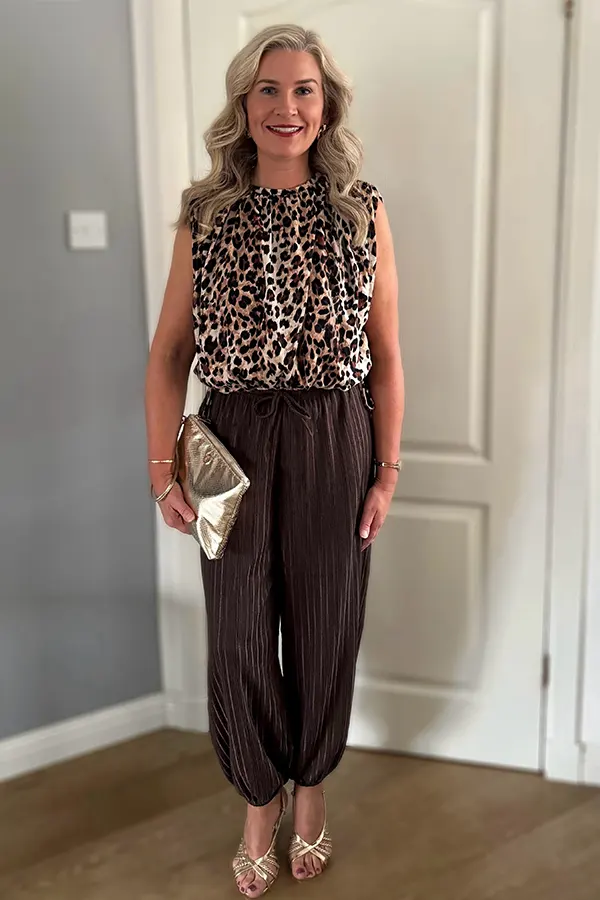 Leopard Print Blouse With Flowing Dark Trousers
