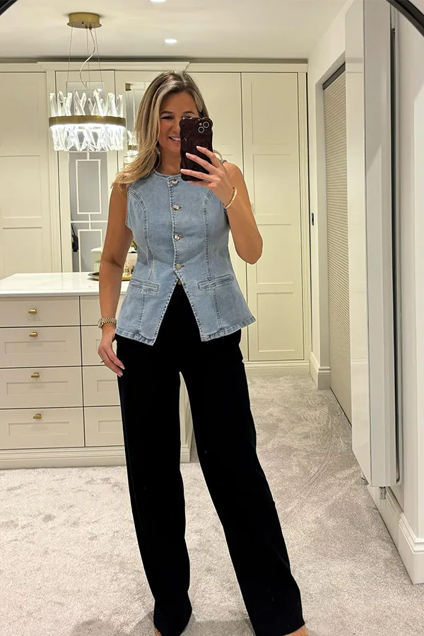 Light Blue Waistcoat With Black Wide Leg Trousers