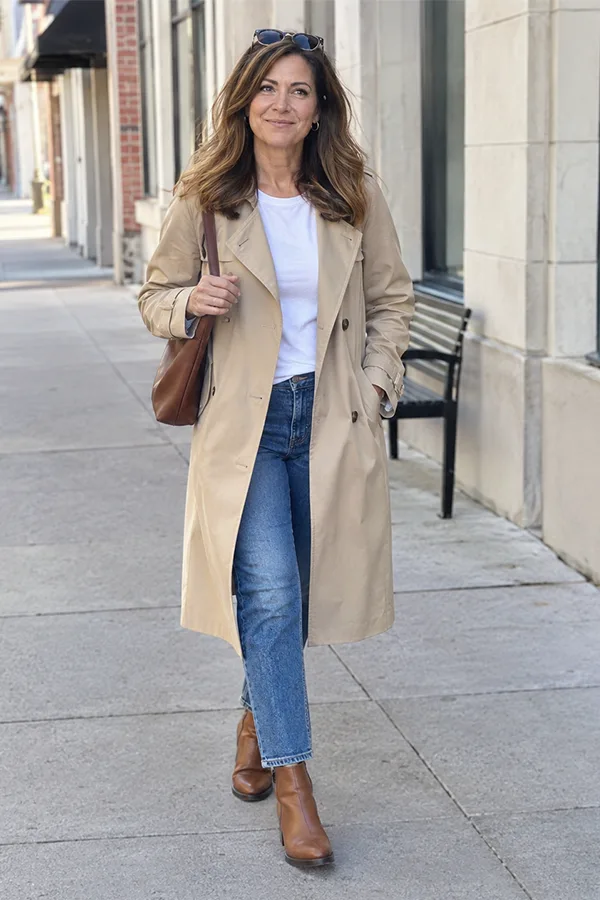 Long Beige Coat With Jeans And A White Top