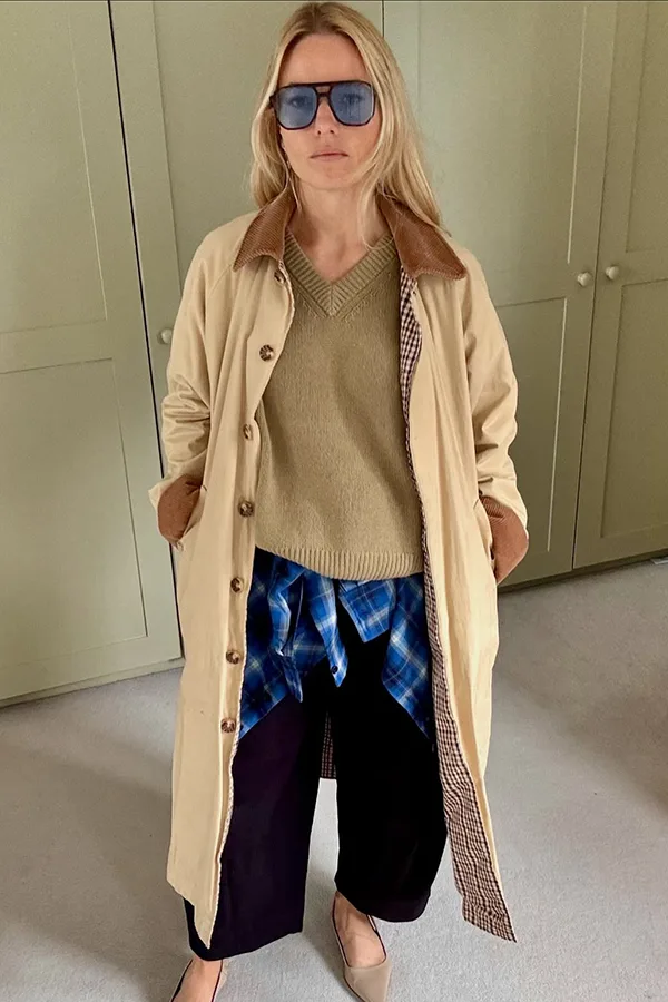 Long Beige Coat With Neutral Knitwear And Wide Pants