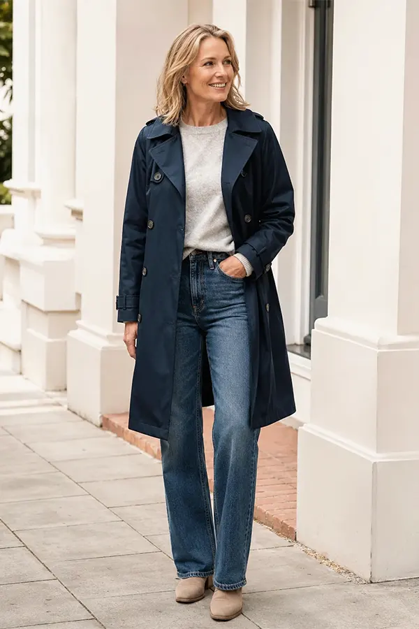 Long Navy Coat Over Jeans For Layered Polish