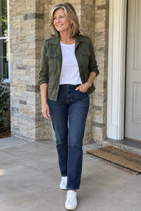 Make Dark Jeans More Relaxed With An Olive Jacket