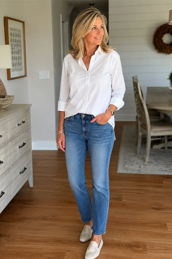 Make Jeans Look Polished With A White Button Down
