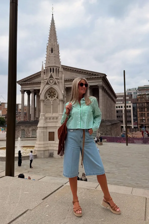 Mint Blouse And Light Denim Jorts For A Polished Day Out