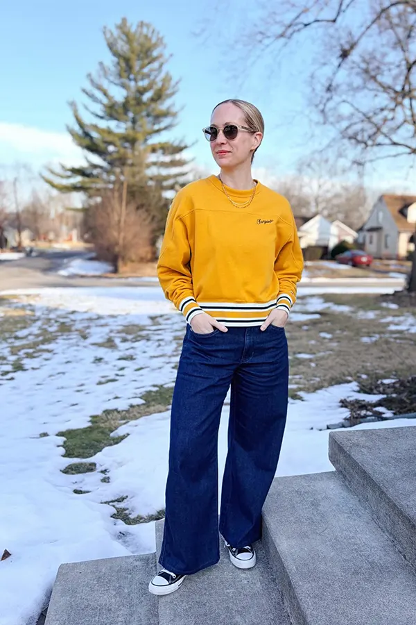 Mustard Sweater With Wide Leg Navy Pants