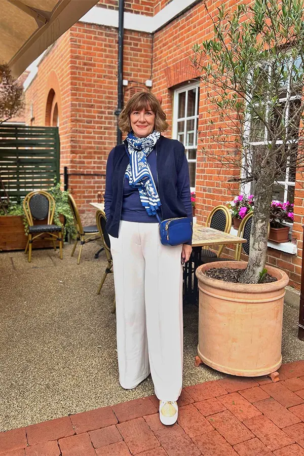 Navy Cardigan With White Wide Leg Pants