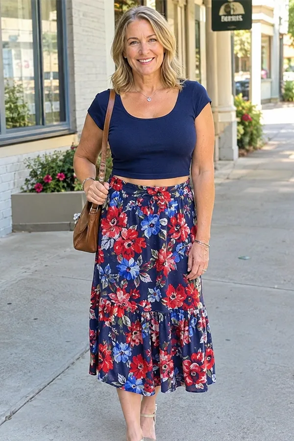 Navy Crop Top With A Floral Midi Skirt