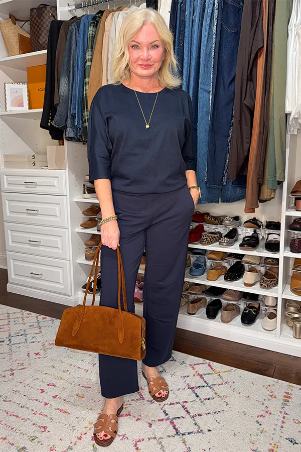 Navy Matching Set With A Brown Handbag