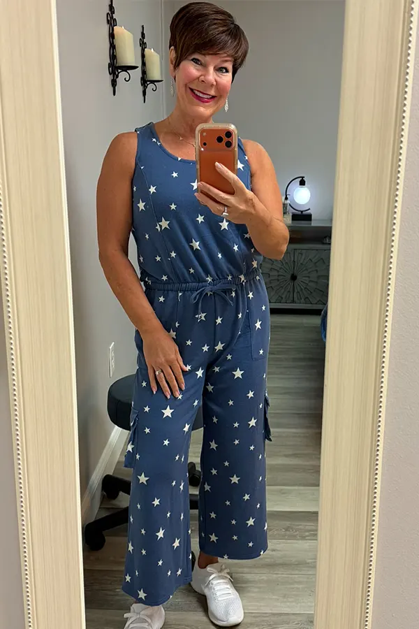 Navy Polka Dot Jumpsuit With A Playful Finish