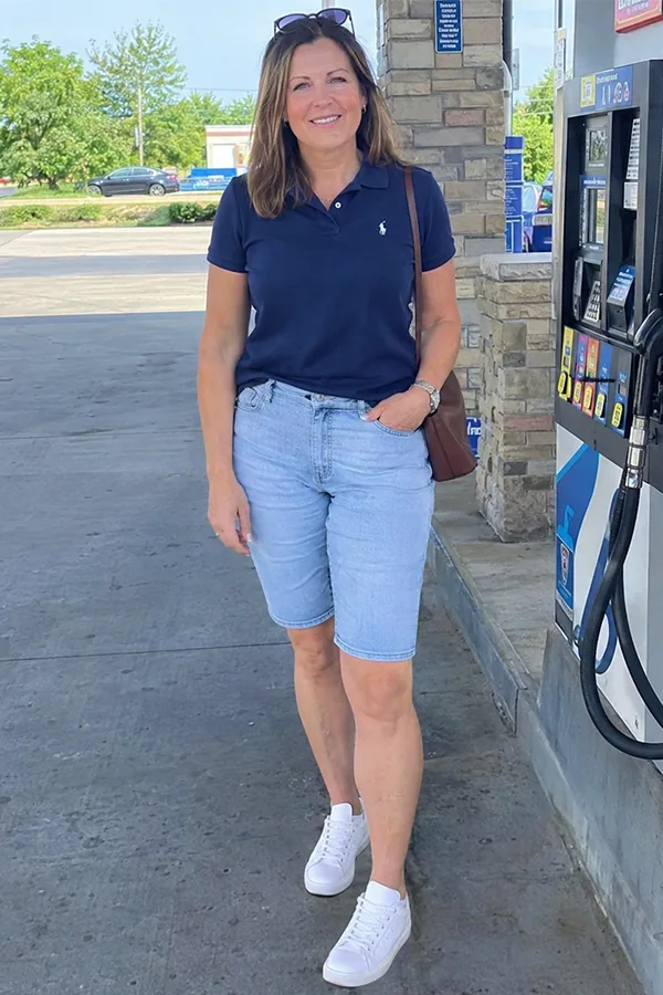 Navy Polo Shirt With Light Wash Jorts And White Sneakers