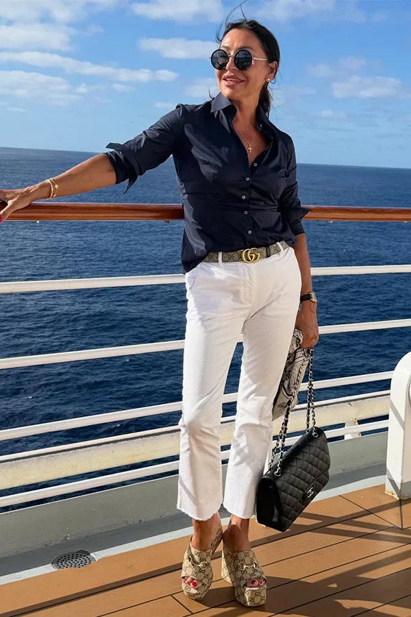 Navy Shirt With White Pants For A Polished Port Day Outfit