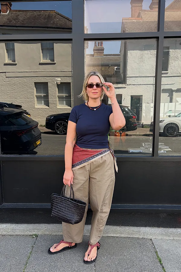 Navy Top With Wide Leg Neutral Pants