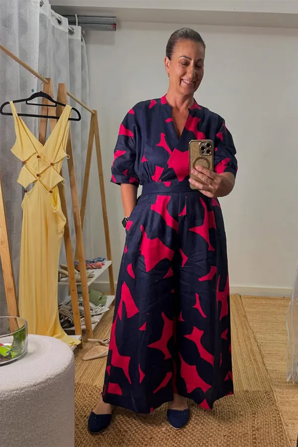 Navy And Pink Floral Jumpsuit With A Strong Print