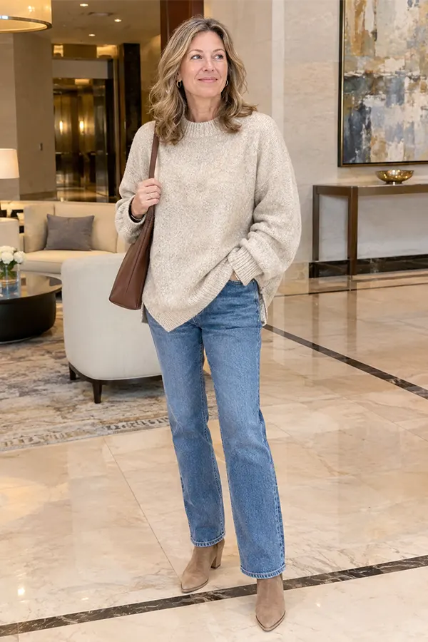 Oatmeal Sweater With Straight Leg Jeans