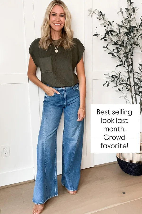 Olive Green Tee With Wide Leg Blue Jeans