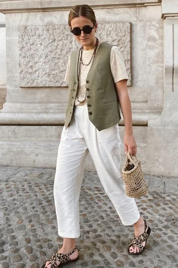 Olive Green Waistcoat With White Cropped Trousers