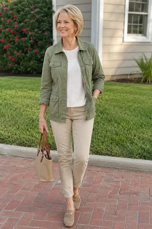 Olive Utility Jacket With Cream Trousers