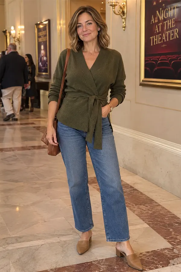 Olive Wrap Sweater With Straight Leg Jeans