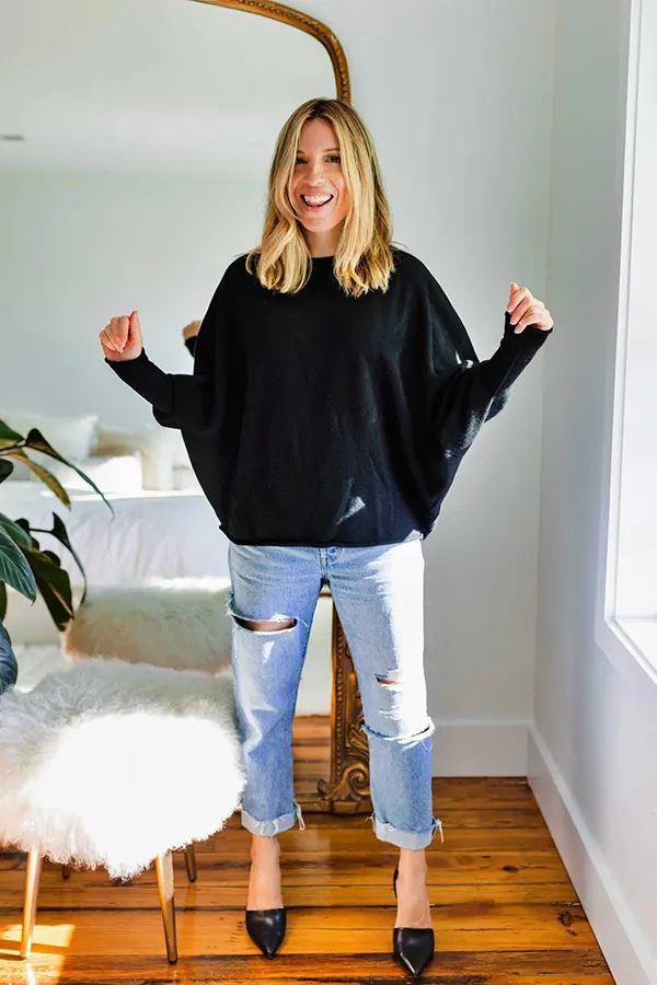 Oversized Black Sweater With Distressed Jeans