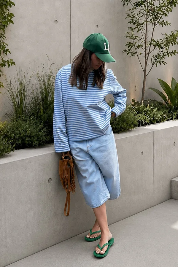 Oversized Blue Shirt With Light Jorts And Green Accessories