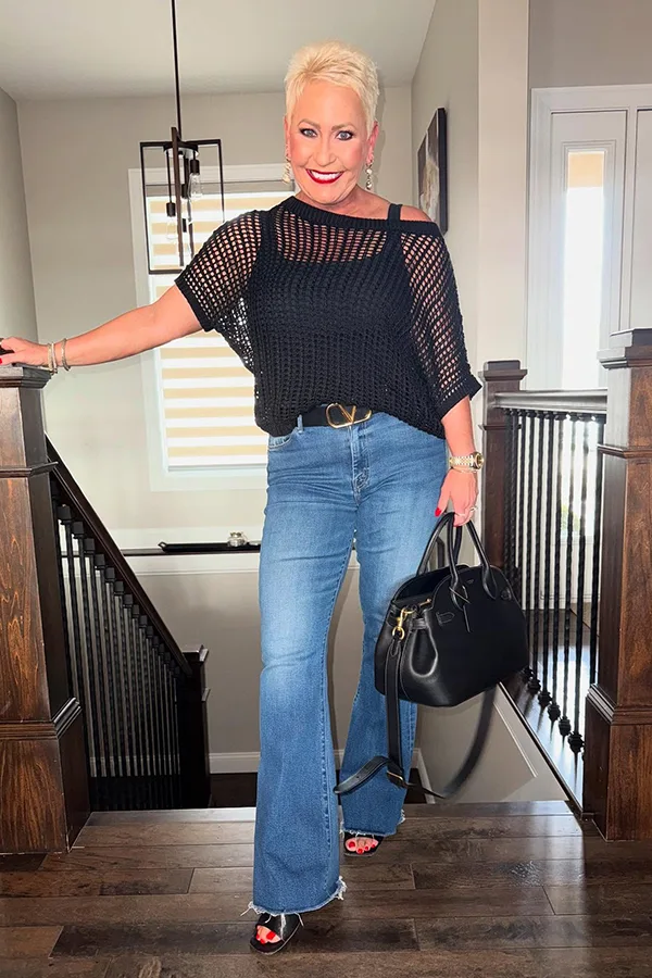 Pair Wide Leg Jeans With A Sheer Black Top