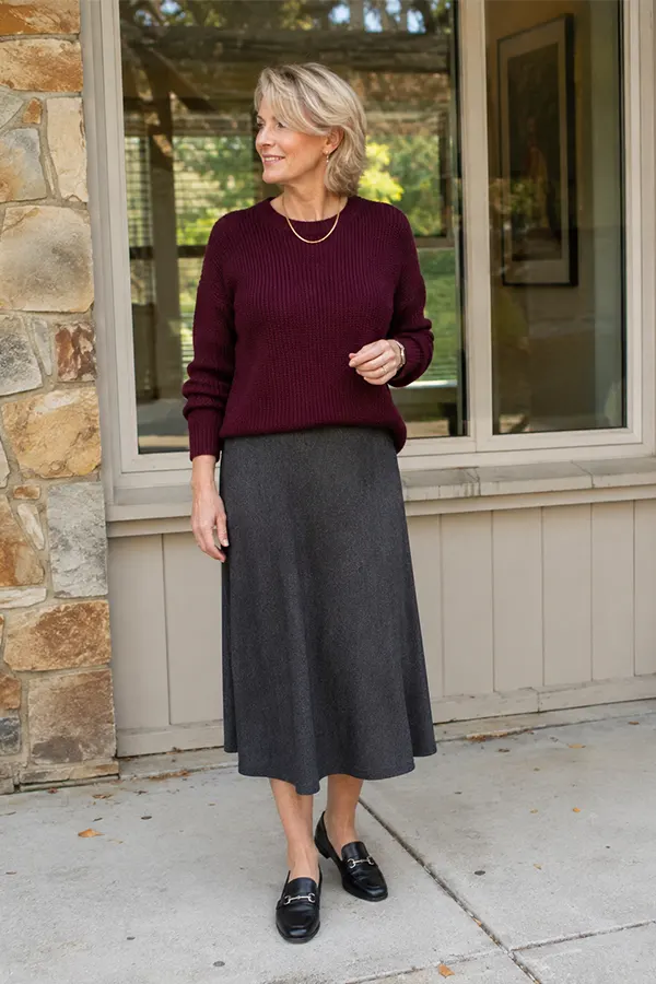 Pair A Burgundy Sweater With A Gray Midi Skirt