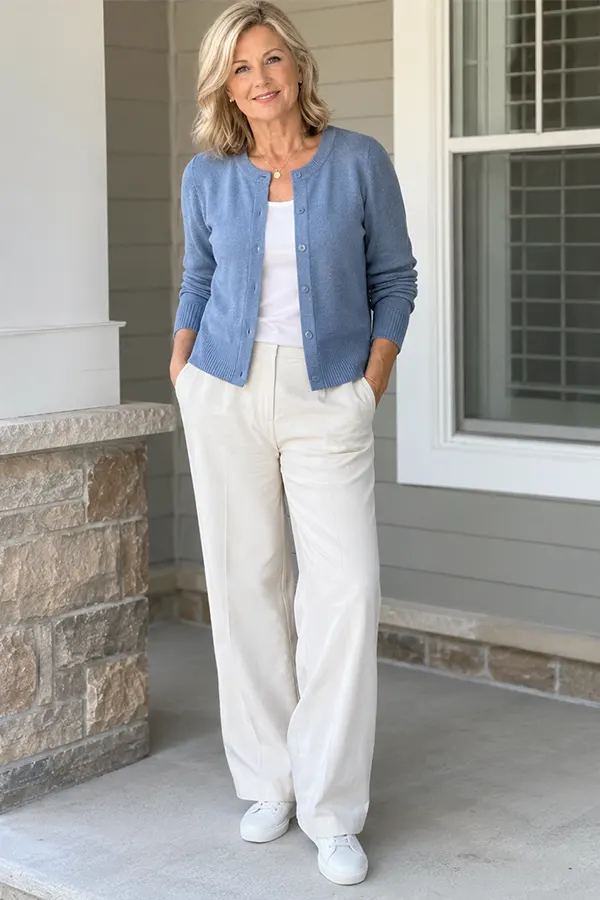 Pair A Light Blue Cardigan With White Pants