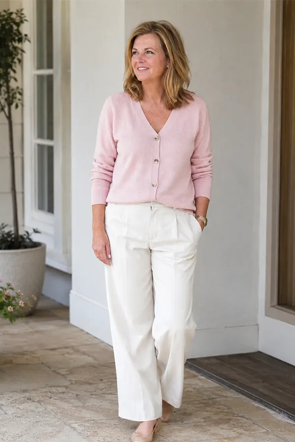 Pair A Soft Pink Cardigan With Wide White Pants