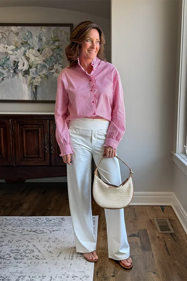 Pink Button Down With White Wide Leg Pants