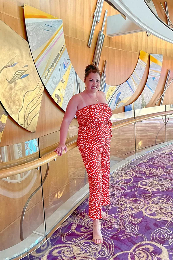 Red Printed Strapless Jumpsuit For A Cruise Ship Evening