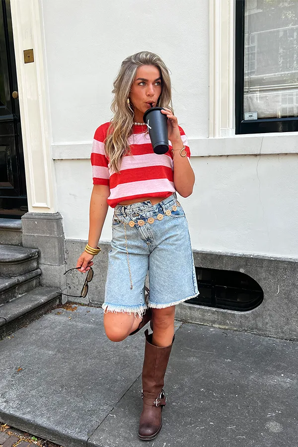Red Striped Tee With Jorts And Tall Brown Boots
