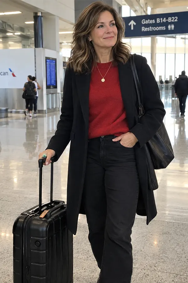 Red Sweater Under A Black Layer For Easy Travel Style