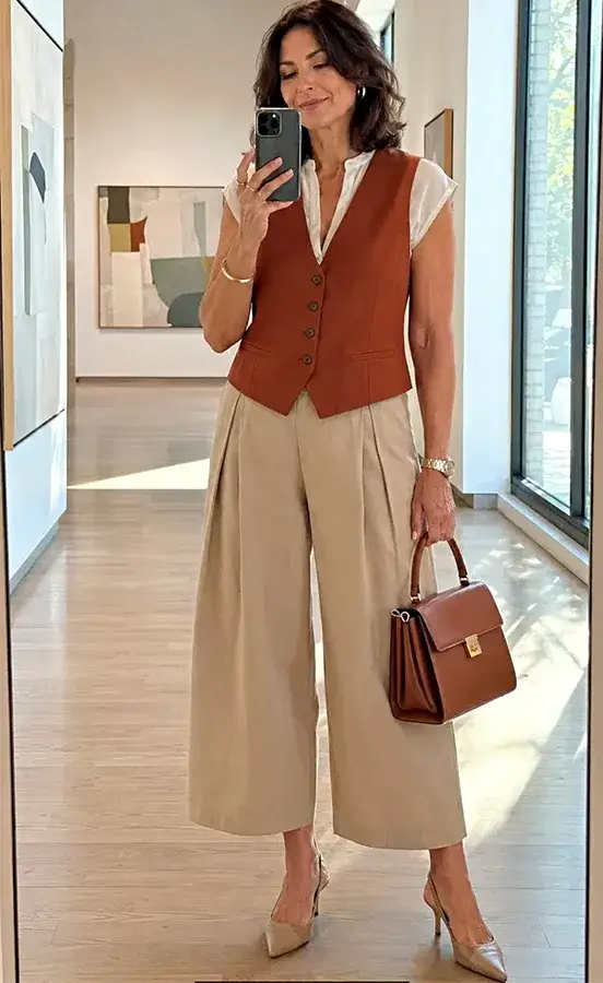 Rust Waistcoat With Wide Leg Beige Trousers