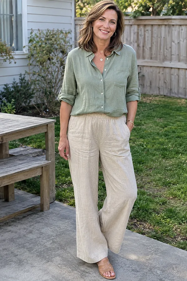 Sage Green Shirt With Wide Leg Cream Pants
