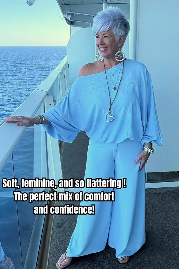 Soft Blue Wide Leg Set With Statement Earrings