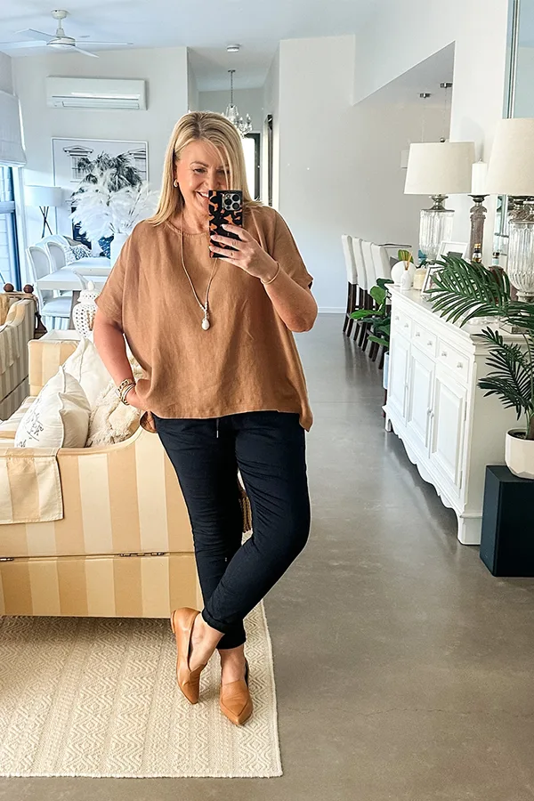 Soft Brown Top With Slim Black Pants