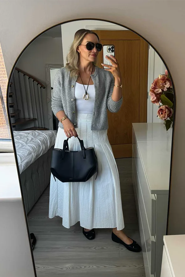 Soft Gray Top With A Flowing White Skirt