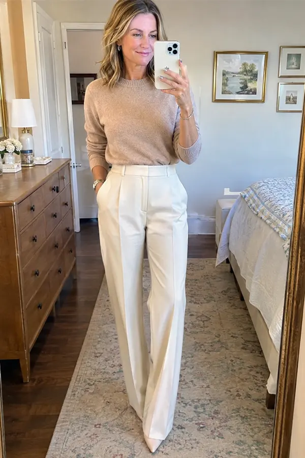 Soft Taupe Sweater With Wide Leg White Trousers