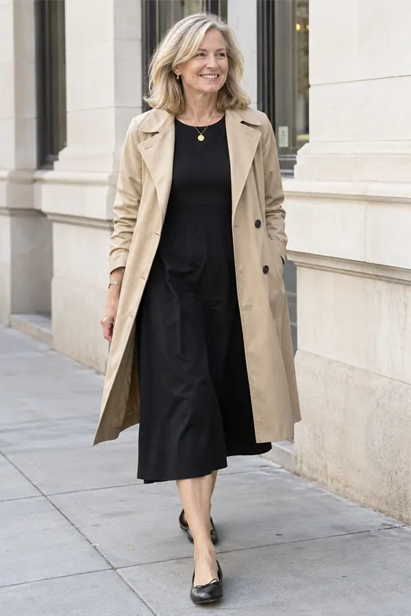Soften A Black Dress With A Long Beige Trench