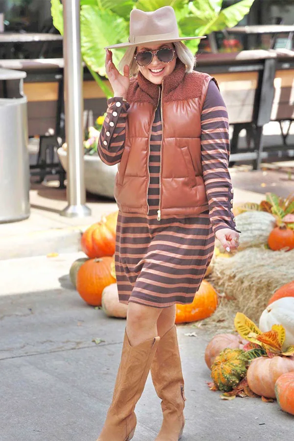 Striped Layer With A Quilted Vest And Ankle Boots