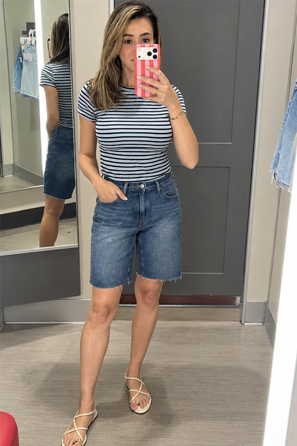 Striped Tee With Dark Denim Jorts For A Simple Weekend Outfit
